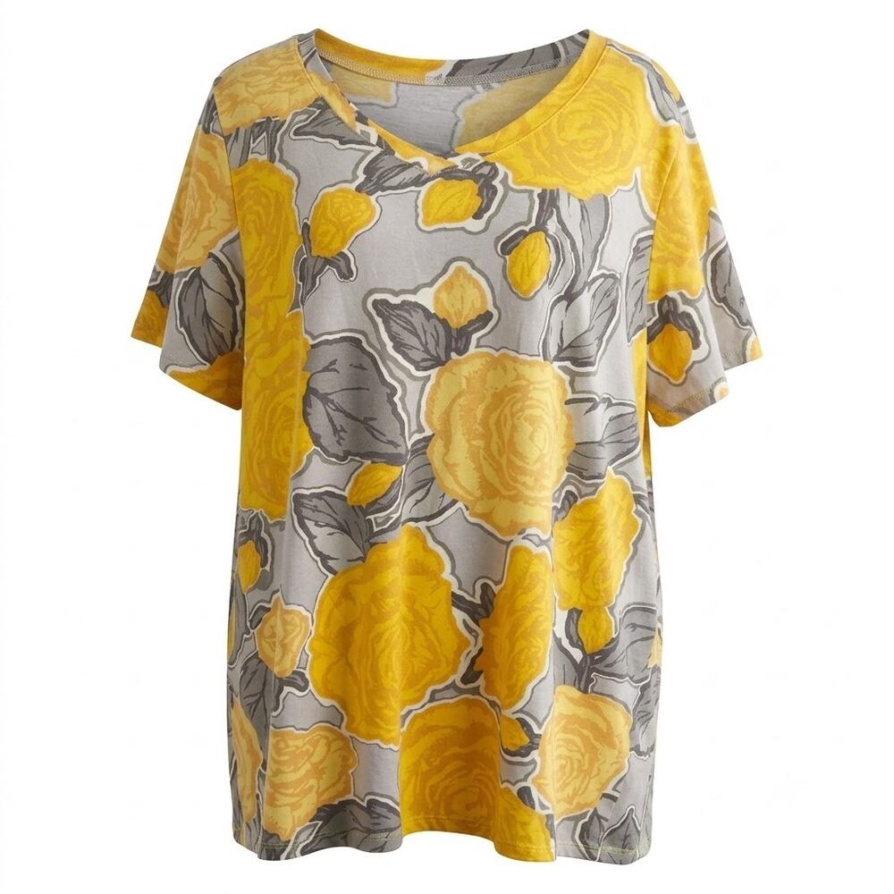 LuLaRoe 3XL Yellow Gray Floral Rose V-Neck Short Sleeve T-Shirt Top Plus Size